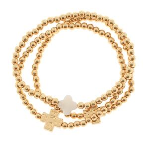 3 Row Hammered Cross & Clover Bracelet Set